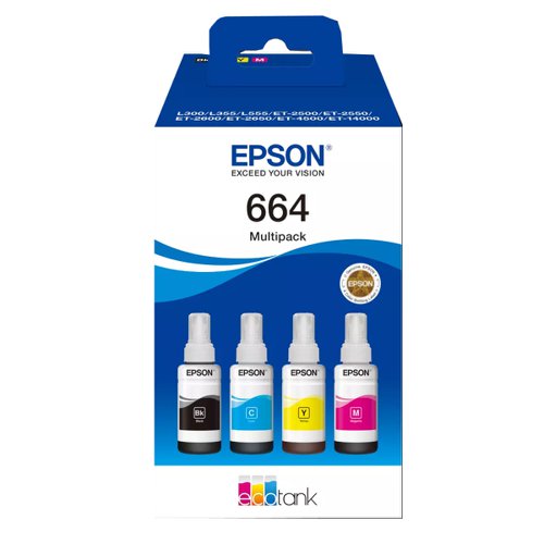 Epson No.664 EcoTank Ink Bottle Black/Cyan/Magenta/Yellow Value Pack 280ml T664640