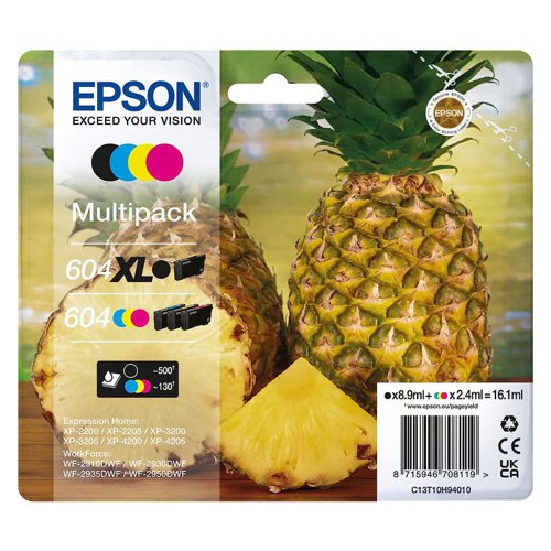 Epson No.604XL/No.604 Ink Cartridge High Capacity Black & Standard Cyan/Magenta/Yellow C13T10H94010