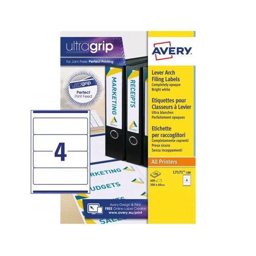 Avery Laser Lever Arch Labels 200x60mm White (Pack 100) L7171-100