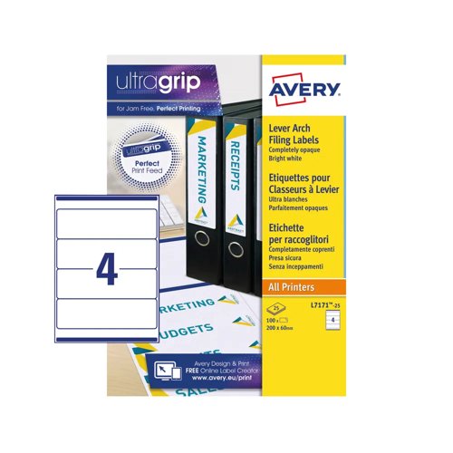 Avery Laser Lever Arch Labels 200x60mm White (Pack 25) L7171-25