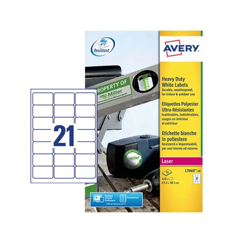 Avery Heavy Duty Laser Labels 63.5x38.1mm White (Pack 20) L7060-20