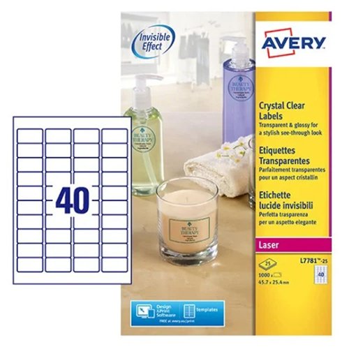 Avery Crystal Clear Laser Labels 45.7x25.4mm (Pack 25) L7781-25