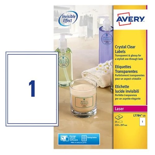 Avery Crystal Clear Laser Labels 210x297mm (Pack 25) L7784-25