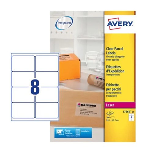 Avery QuickDRY Laser Labels 99.1x67.7mm Clear (Pack 25) L7565-25
