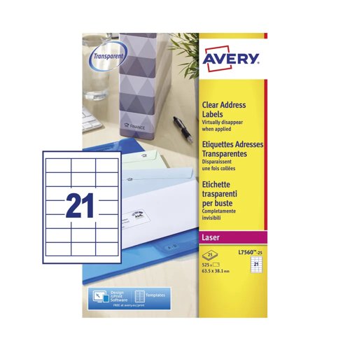 Avery QuickDRY Laser Labels 63.5x38.1mm Clear (Pack 25) L7560-25
