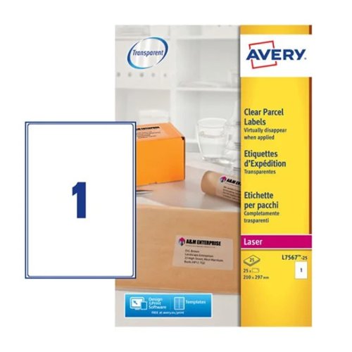 Avery QuickDRY Laser Labels 210.0x297mm Clear (Pack 25) L7567-25