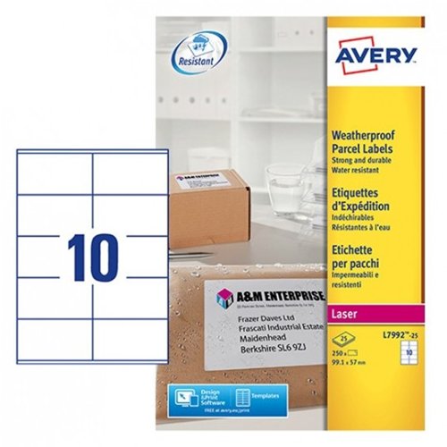 Avery Waterproof Laser Parcel Labels 99.1x57.0mm White (Pack 25) L7992-25