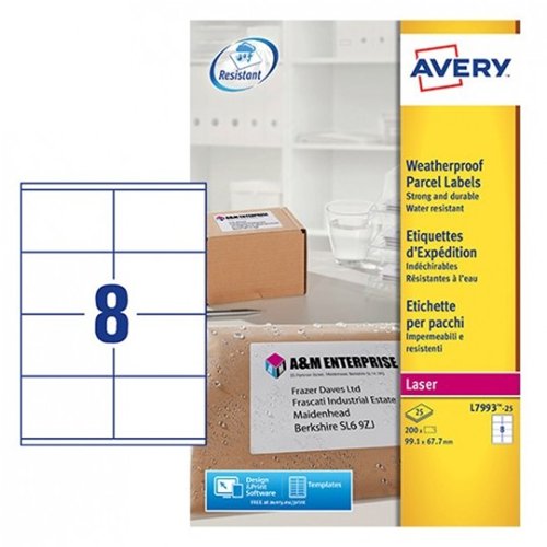Avery Waterproof Laser Parcel Labels 99.1x67.7mm White (Pack 25) L7993-25