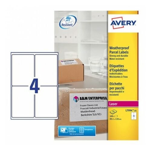 Avery Waterproof Laser Parcel Labels 99.1x139.0mm White (Pack 25) L7994-25