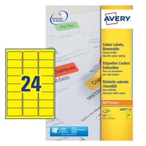 Avery Coloured Laser Removable Labels 63.5x33.9mm Yellow (Pack 20) L6035-20