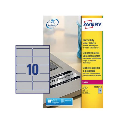 Avery Heavy Duty Laser Labels 96x50.8mm Silver (Pack 20) L6012-20