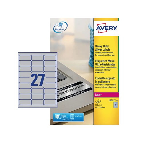 Avery Heavy Duty Laser Labels 63.5x29.6mm Silver (Pack 20) L6011-20