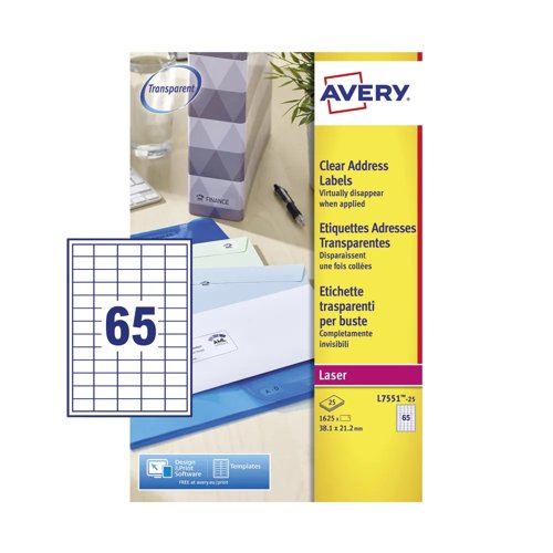 Avery QuickDRY Mini Laser Labels 38.1x21.0mm Clear (Pack 25) L7551-25
