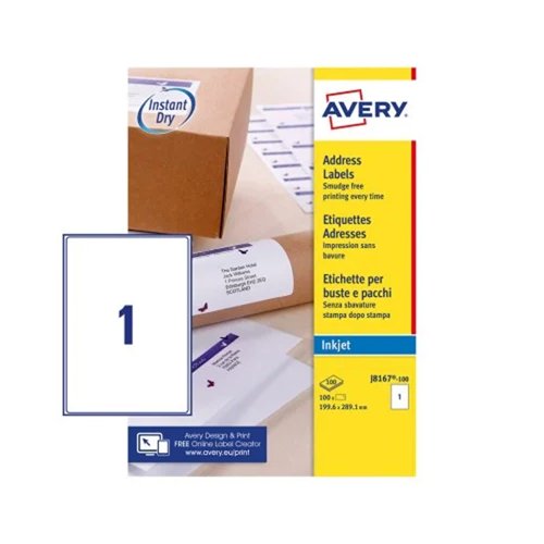 Avery QuickDRY Inkjet Parcel Labels 199.6x289.1mm White (Pack 100) J8167-100