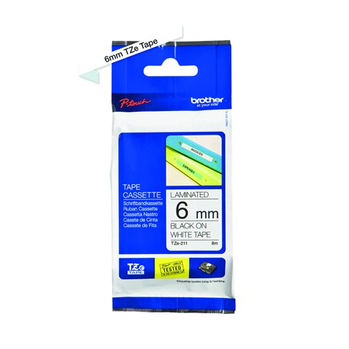 Brother P-Touch Label Tape 6mm Black on White TZe-211