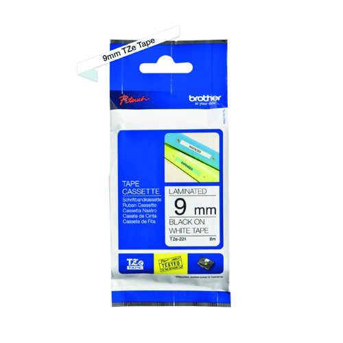 Brother P-Touch Label Tape 9mm Black on White TZe-221