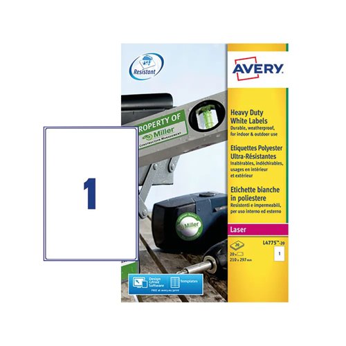 Avery Heavy Duty Laser Labels 210x297mm White (Pack 20) L4775-20