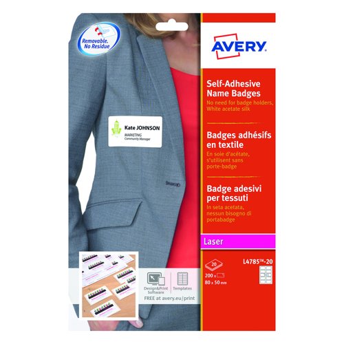 Avery Laser Name Badge Labels 80x50mm White (Pack 20) L4785-20