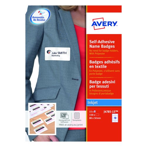 Avery Inkjet Name Badge Labels 80x50mm White (Pack 15) J4785-15