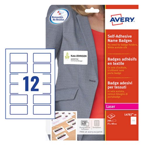 Avery Self Adhesive Name Badge Labels 75x40mm White (Pack 20) L4782-20