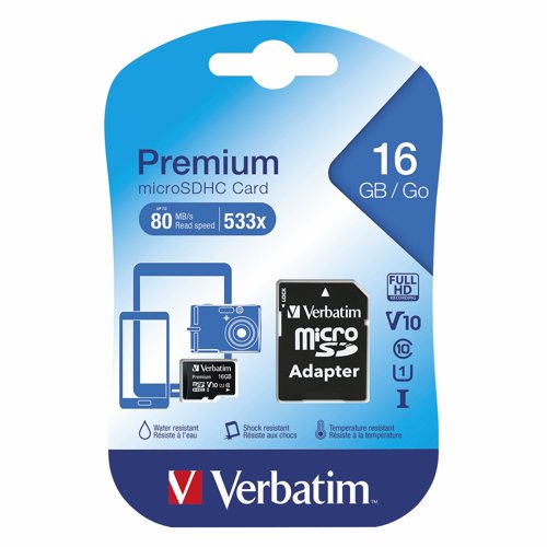 Verbatim Micro SDHC Class 10 Memory Card 16GB with Adaptor 44082