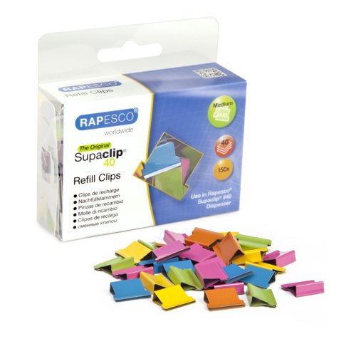Rapesco Supaclip 40 Refill Assorted Colours (Pack 150) CP15040M