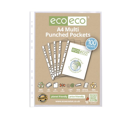 eco-eco Recycled Multi Punched Pockets A4 (Pack 100) eco010-S