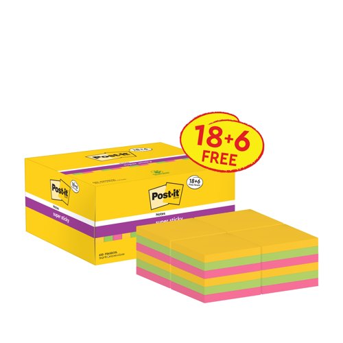3M Post-it Super Sticky Notes Value Pack 51x51mm Pink/Yellow/Green (Pack 24) 622-P24SSCOL