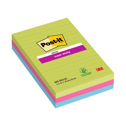 3M Post-it Super Sticky Notes 101x152mm Ruled Ultra Colours (Pack 3) 660-3SSUC