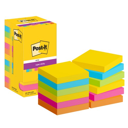 3M Post-it Super Sticky Colour Notes 76x76mm Carnival Colours (Pack 12) 654-12SS-CARN