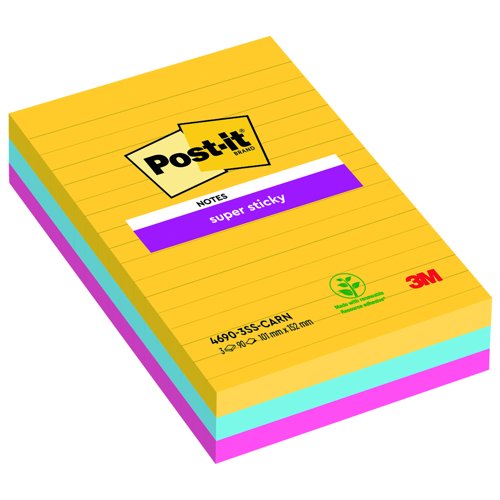 3M Post-it Super Sticky Colour Notes 101x152mm Carnival Colours (Pack 3) 4690-SS3-CARN