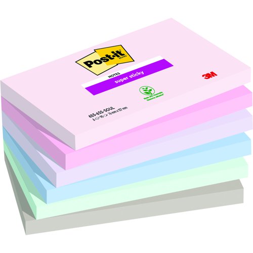 3M Post-it Super Sticky Notes 76x127mm Soulful Colours (Pack 6) 655-6SS-SOUL