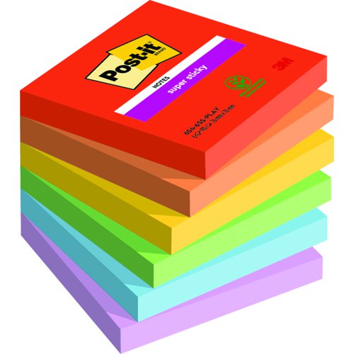 3M Post-it Super Sticky Notes 76x76mm Playful Colours (Pack 6) 654-6SS-PLAY