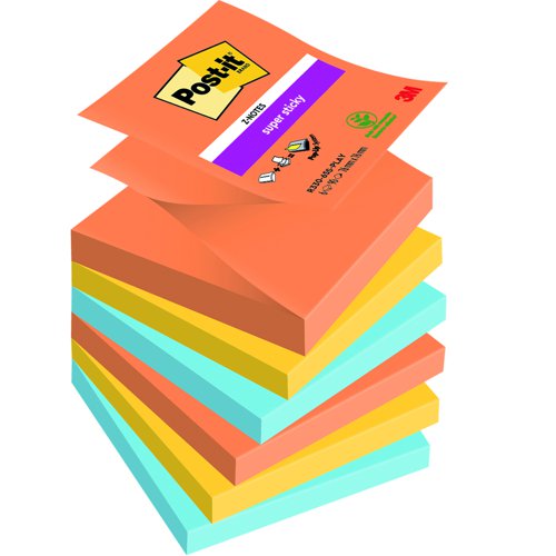 3M Post-it Super Sticky Z-Notes 76x76mm Playful Colours (Pack 6) R330-6SS-PLAY
