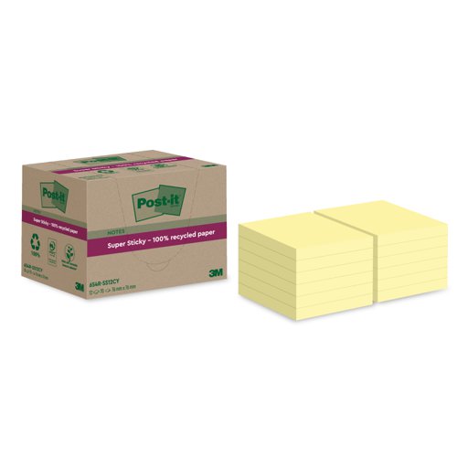 3M Post-it Super Sticky 100% Recycled Notes 76x76mm Canary Yellow (Pack 12) 654-RSS12CY