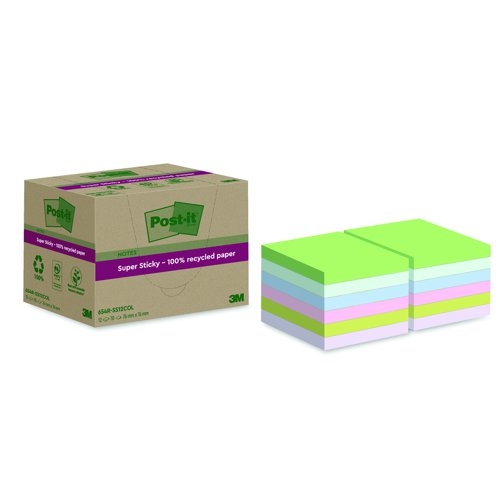 3M Post-it Super Sticky 100% Recycled Notes 76x76mm Assorted Colours (Pack 12) 654-RSS12COL