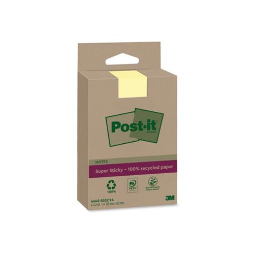 3M Post-it Super Sticky 100% Recycled Notes 102x152mm Canary Yellow (Pack 4) 4645-RSSCY4