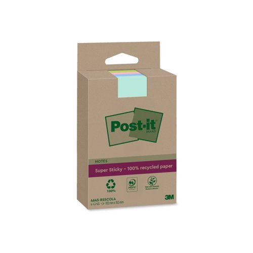 3M Post-it Super Sticky 100% Recycled Notes 102x152mm Assorted Colours (Pack 4) 4645-RSSCOL4