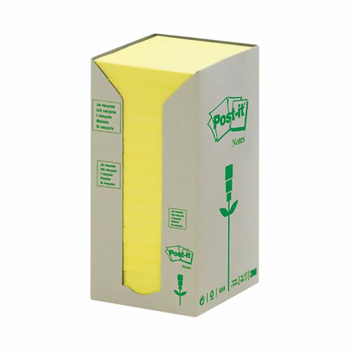 3M Post-it Notes Recycled Tower 76x76mm Canary Yellow (Pack 16) 654-1T
