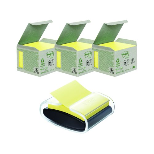 3M Post-it Recycled Z-Notes 76x76mm Canary Yellow (Pack 6) & Dispenser R330-1B