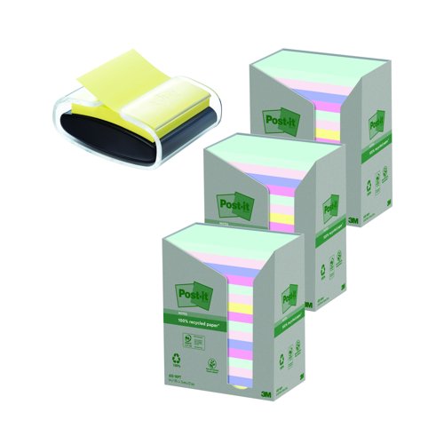 3M Post-it Recycled Notes Carton 76x127mm Assorted Colours (Pack 16) & Dispenser 7100259665