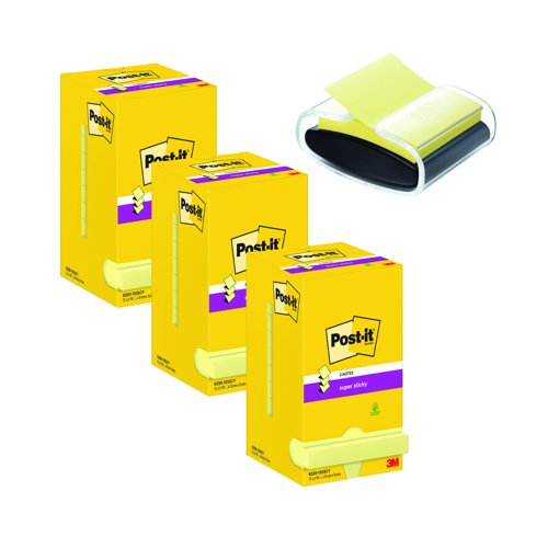 3M Post-it Super Sticky Z-Notes 76x76mm Canary Yellow (Pack 12) & Dispenser R330-12SS-CY