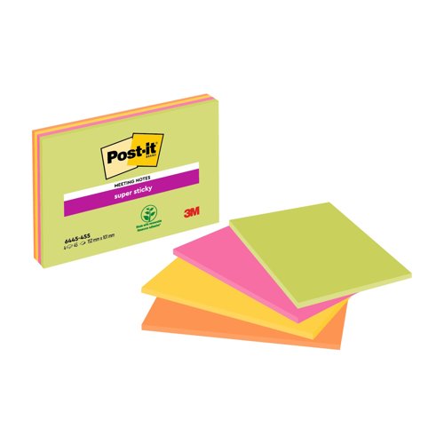 3M Post-it Super Sticky Meeting Notes 149x98.4mm Assorted Colours (Pack 4) 6445-4SSP