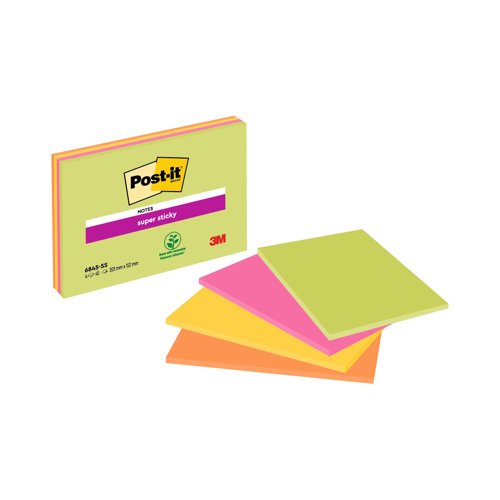 3M Post-it Super Sticky Meeting Notes 203x152mm Assorted Colours (Pack 4) 6845-SSP