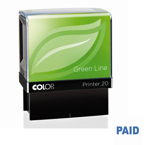 COLOP Printer 20 Green Line Word Stamp 35x12mm PAID Blue 148216