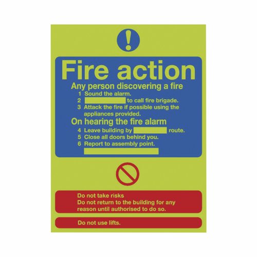 Photoluminescent Fire Action Notice 300x350mm PVC