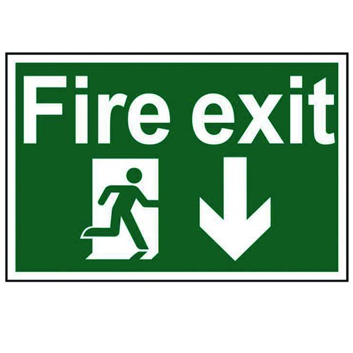 Fire Exit Arrow Down Sign 300x200mm Self Adhesive PVC 1503