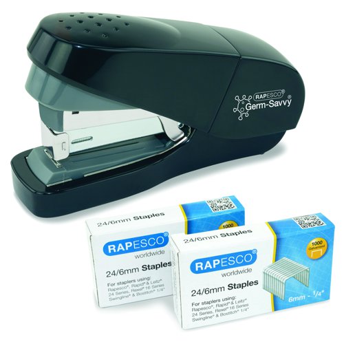 Rapesco Germ-Savvy ECO Less Effort Flat Clinch Stapler Black 1688