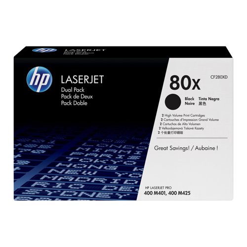 HP No.80X Toner Cartridge High Capacity Black (Pack 2) CF280XD
