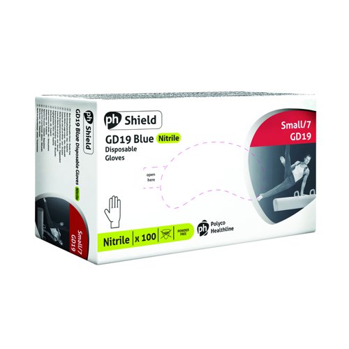 Shield Powder-Free Nitrile Gloves Small Blue (Pack 100) GD19